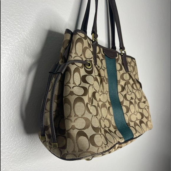 Coach Carry All Signature Brown Green Drawstring Tote Purse - Picture 3 of 16
